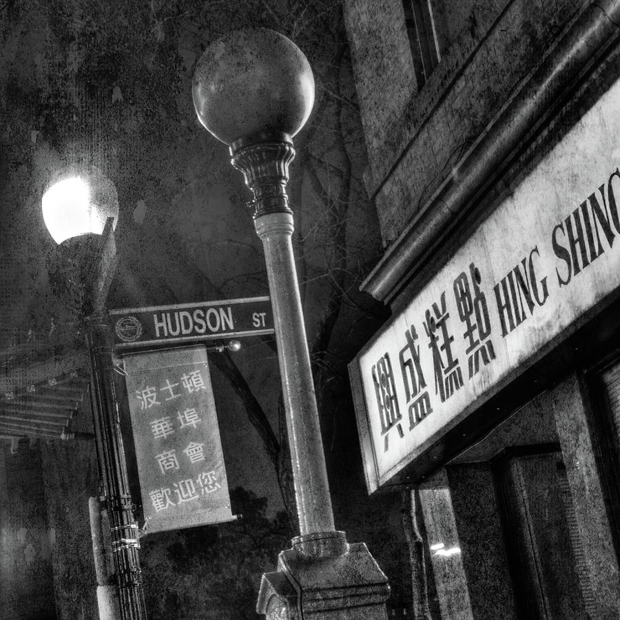 Boston Chinatown Hudson St. Lamp Post - Urban Black and White Photograph by Joann Vitali