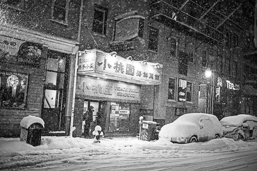 Boston Chinatown Snowstorm Tyler St Black and White Photograph by Toby McGuire