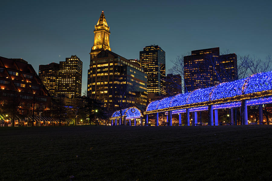 Boston Christopher Columbus Park Trellis lit up for Christmas Boston MA Photograph by Toby McGuire