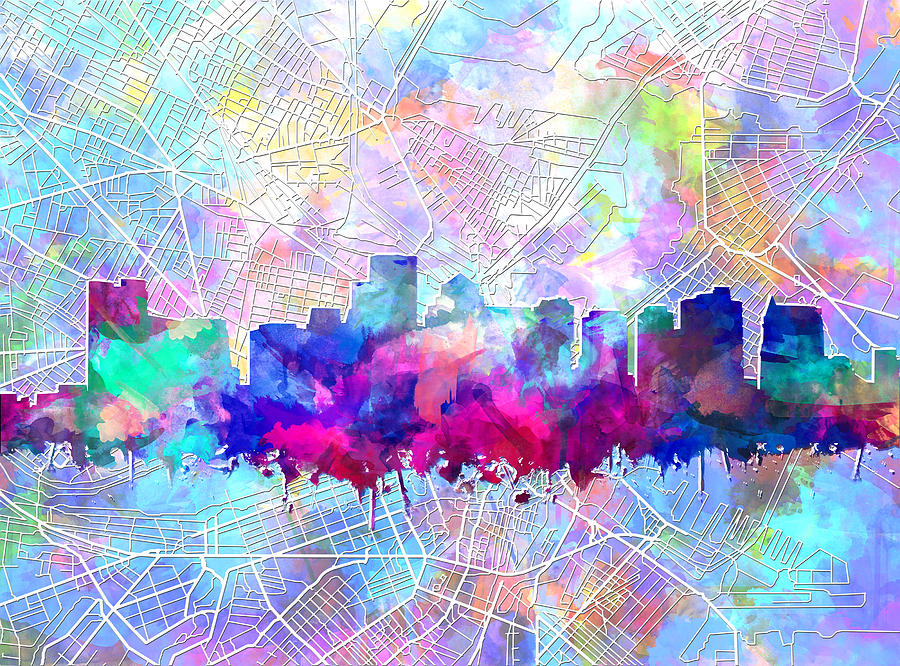 Boston City Skyline Watercolor 14 Painting by Bekim M