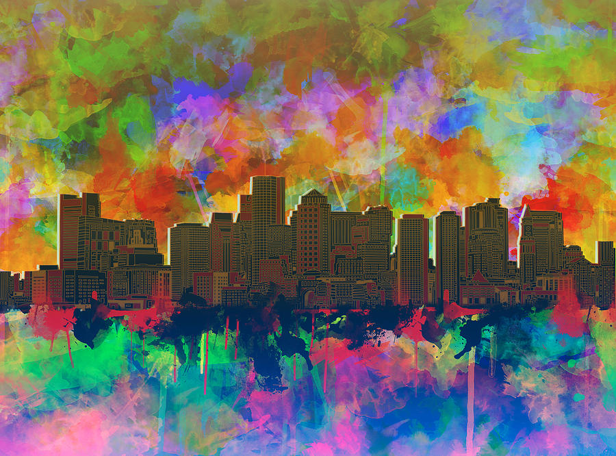 Boston City Skyline Watercolor 8 Painting by Bekim M