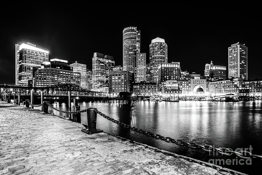 Boston Cityscape at Night Black and White Photo  Photograph by Paul Velgos