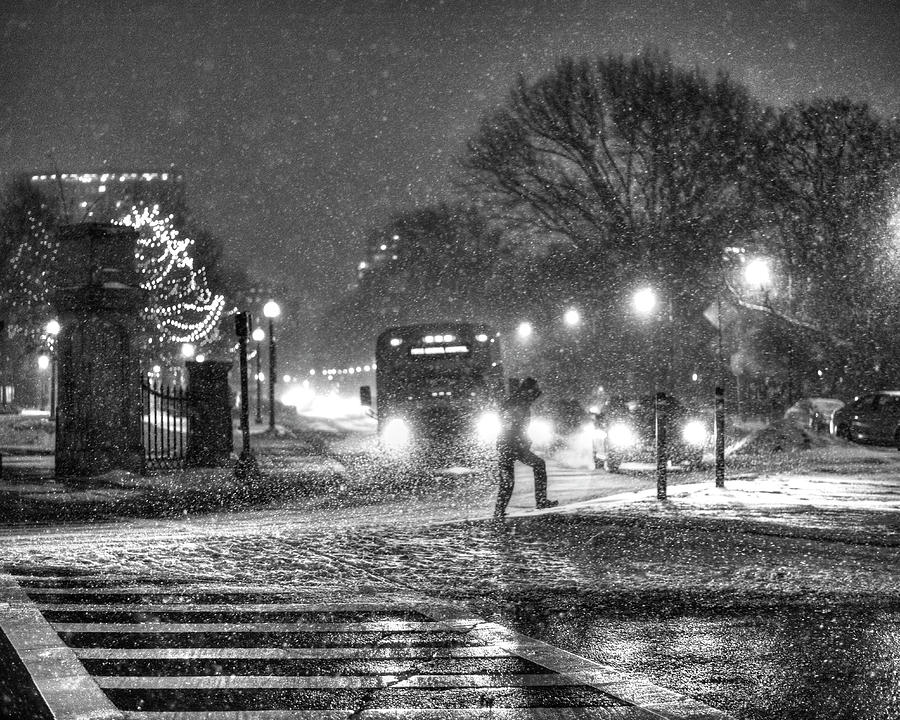 Boston Common snowstorm MA Black and White Photograph by Toby McGuire