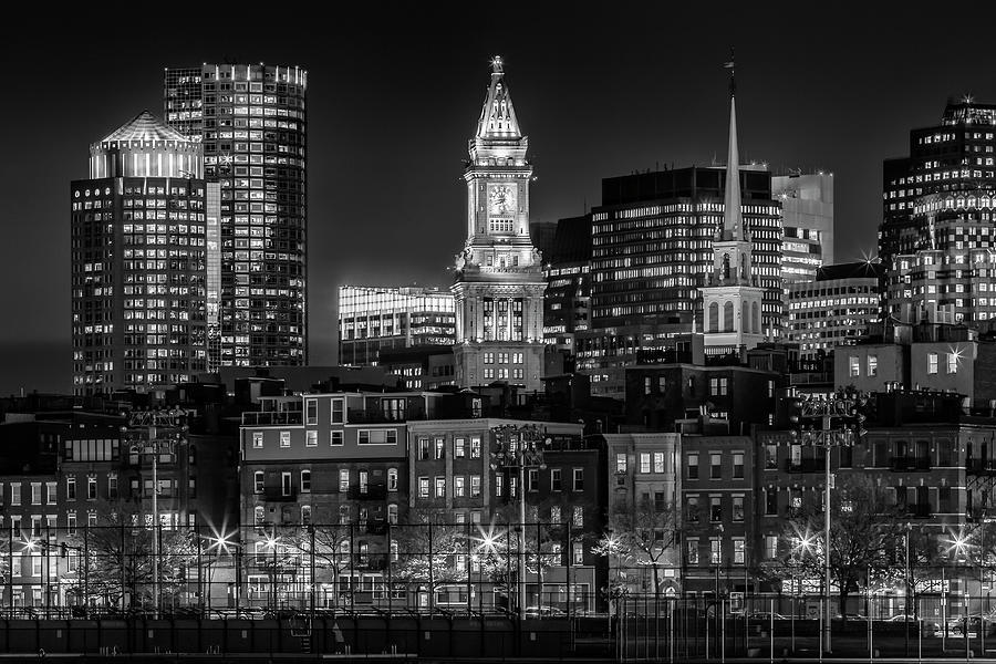 BOSTON Evening Skyline of North End and Financial District - Monochrome Photograph by Melanie Viola