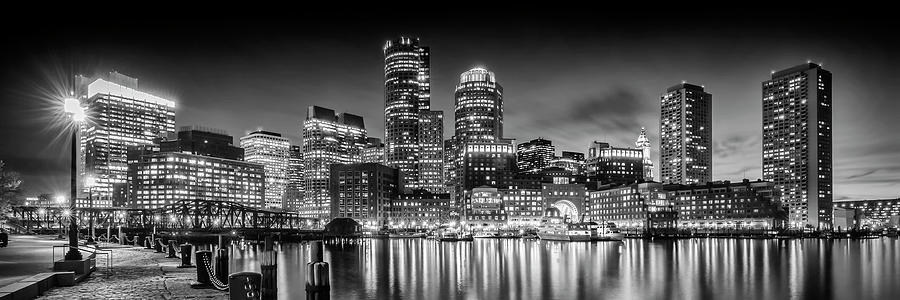 BOSTON Fan Pier Park and Skyline in the evening - Monochrome Panoramic Photograph by Melanie Viola