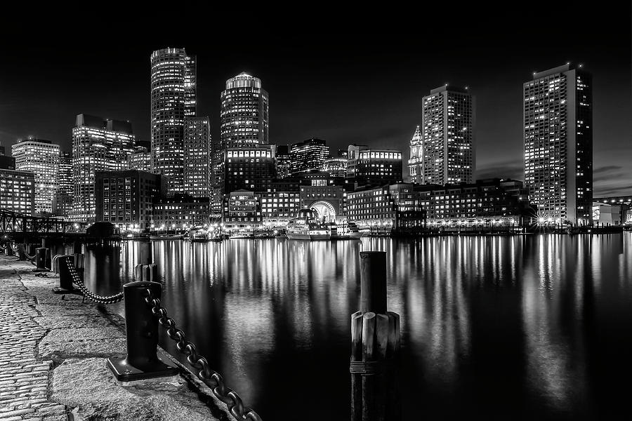 BOSTON Fan Pier Park and Skyline at night - monochrome Photograph by Melanie Viola