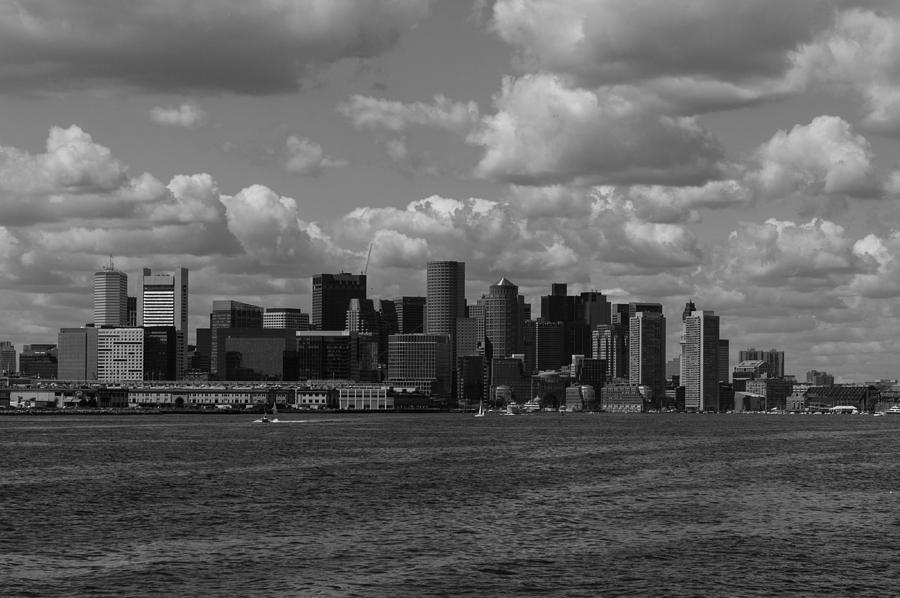 Boston Financial District from the Commuter Ferry Black and White Photograph by Brian MacLean