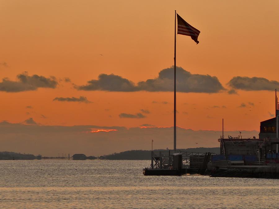 Boston Harbor Before Dawn with Flag Photograph by Scott Hufford