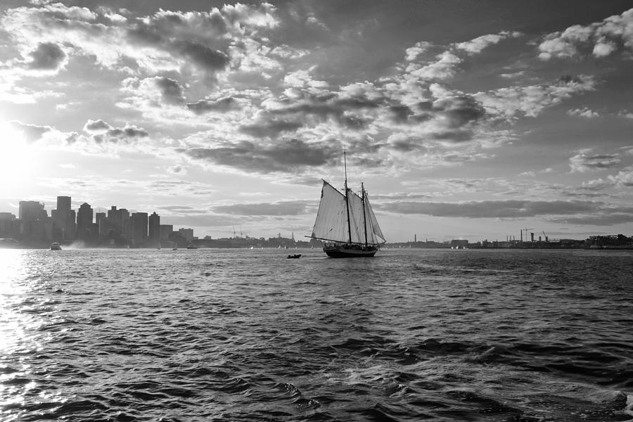 Boston Harbor Sailboat Boston MA Black and White Photograph by Toby McGuire