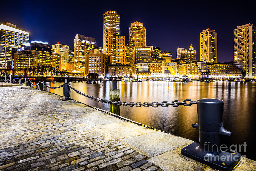 Boston Photograph - Boston Harbor Skyline at Night Picture by Paul Velgos