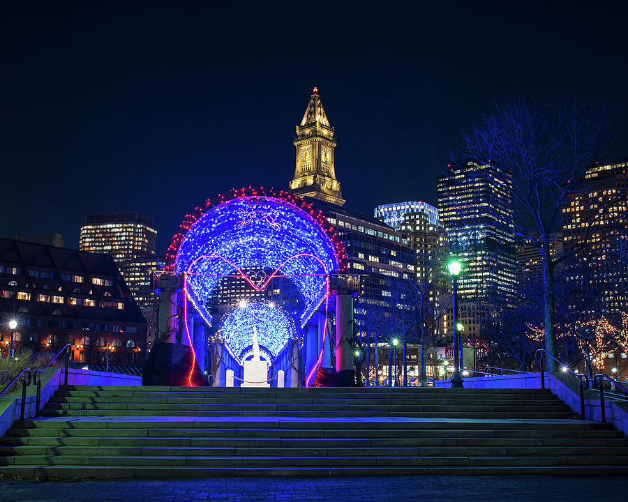 Boston MA Christopher Columbus Park Trellis Lit up for Valentines Day Photograph by Toby McGuire