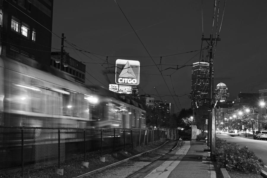 Boston MA Green Line train on the move black and white Photograph by Toby McGuire