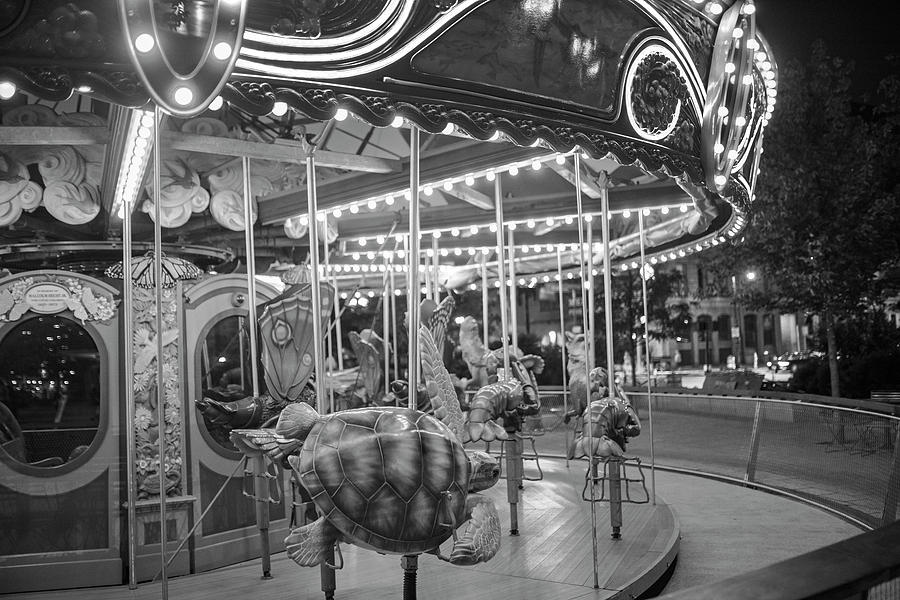 Boston MA Greenway Carousel Lit up in Blue Black and White Photograph by Toby McGuire