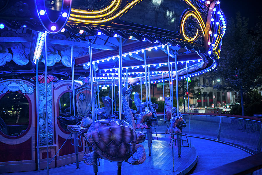 Boston MA Greenway Carousel Lit up in Blue Photograph by Toby McGuire