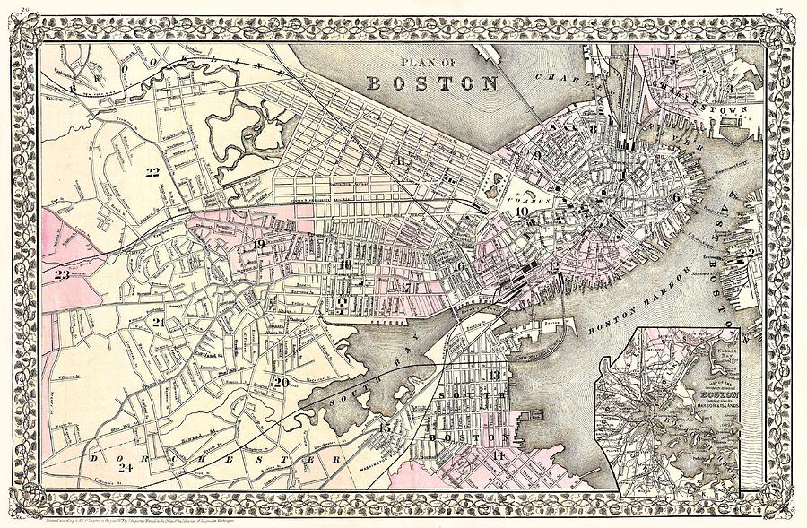 Boston Massachusetts 1879 Map Drawing by Movie Poster Prints