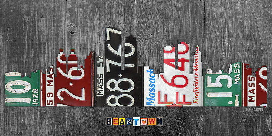 Boston Mixed Media - Boston Massachusetts Beantown Vintage License Plate Art City Skyline by Design Turnpike