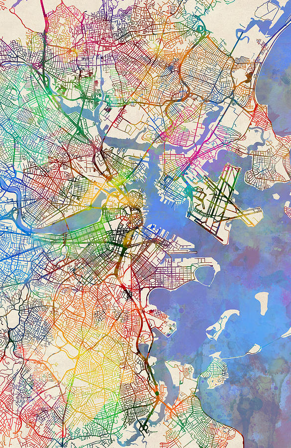 Boston Digital Art - Boston Massachusetts Street Map Extended View by Michael Tompsett