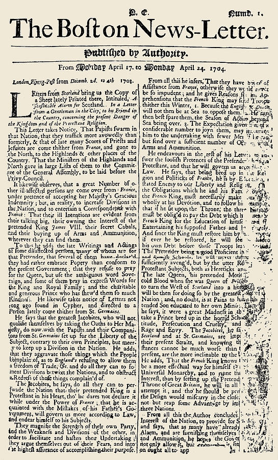 Boston News-letter, 1704 Photograph by Granger