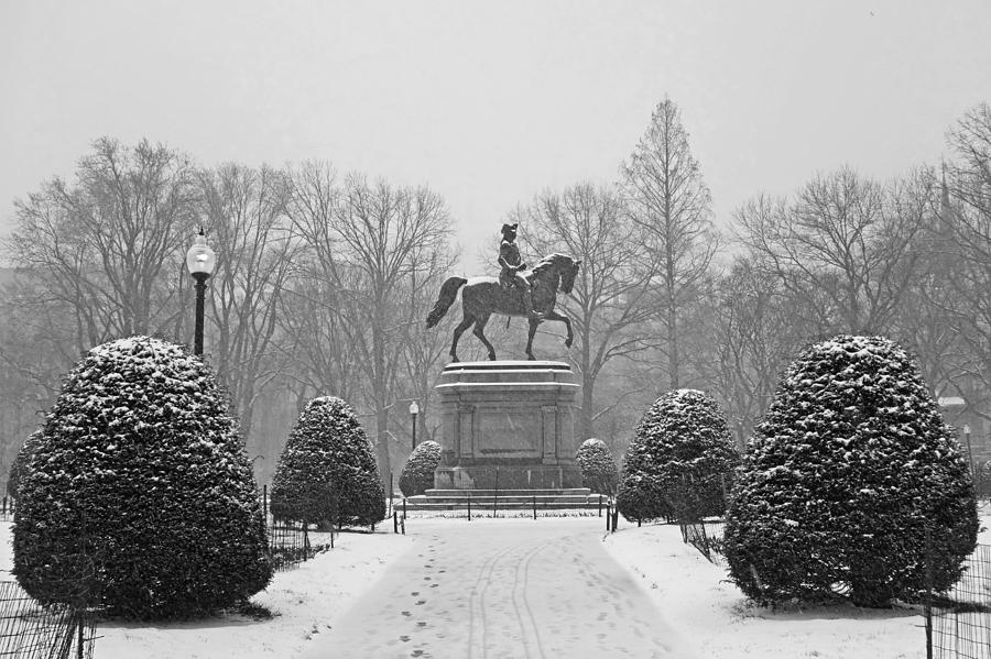 Boston Public Garden Boston MA Winter Snow Black and White Photograph by Toby McGuire