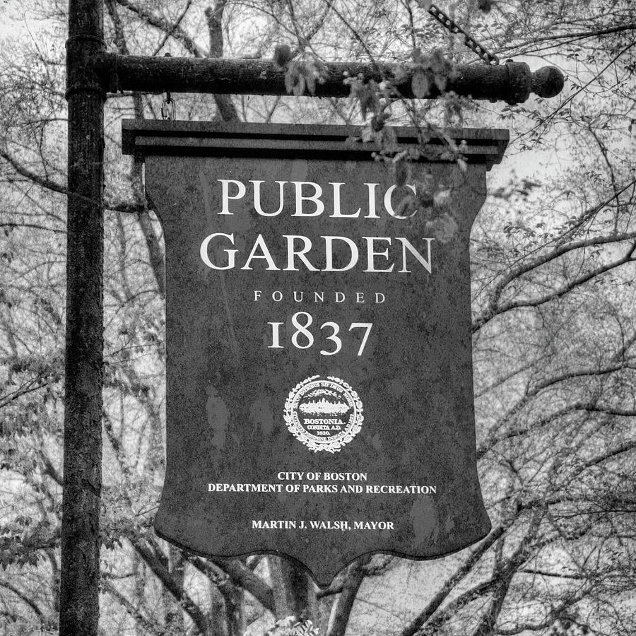 Boston Public Garden Sign Black and White Photograph by Joann Vitali