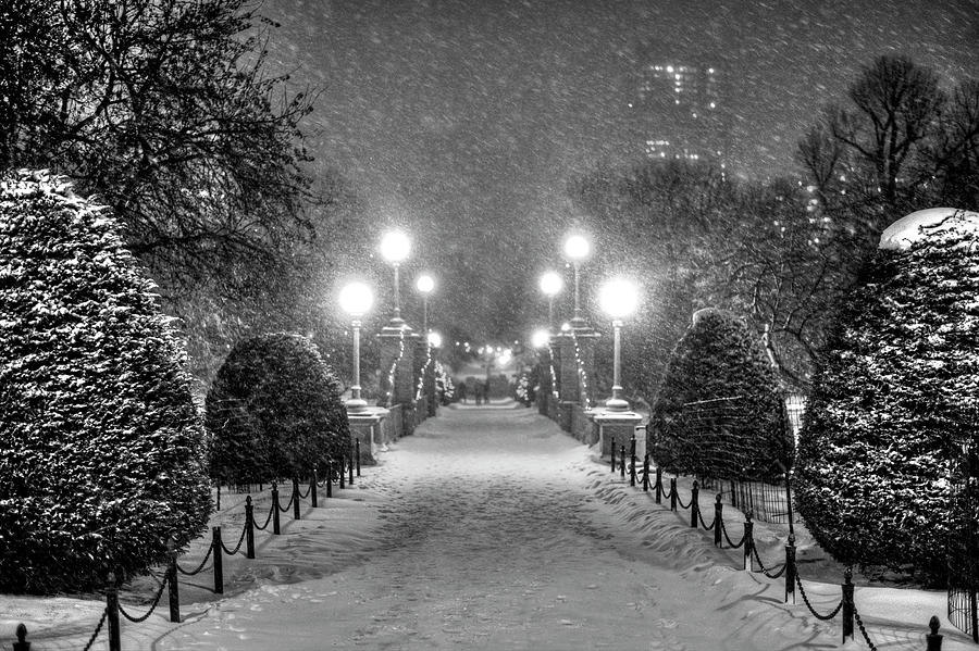 Boston Public Garden Snow Storm MA Massachusetts Bridge Lights Black and White Photograph by Toby McGuire