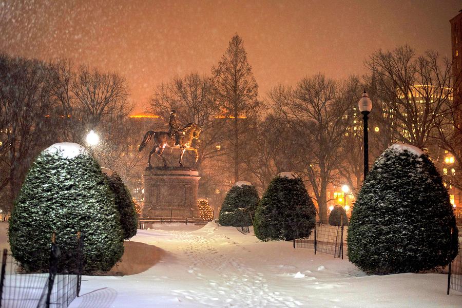 Boston Public Garden Snow Storm MA Massachusetts Bridge Lights George Washington Statue Photograph by Toby McGuire