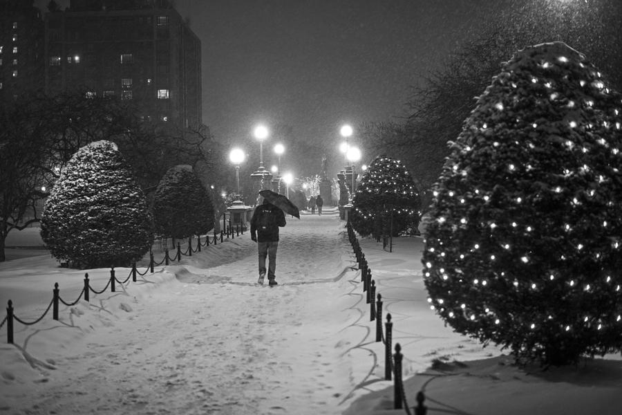 Boston Public Garden Snow Storm MA Massachusetts Bridge Lights Umbrella Black and White Photograph by Toby McGuire