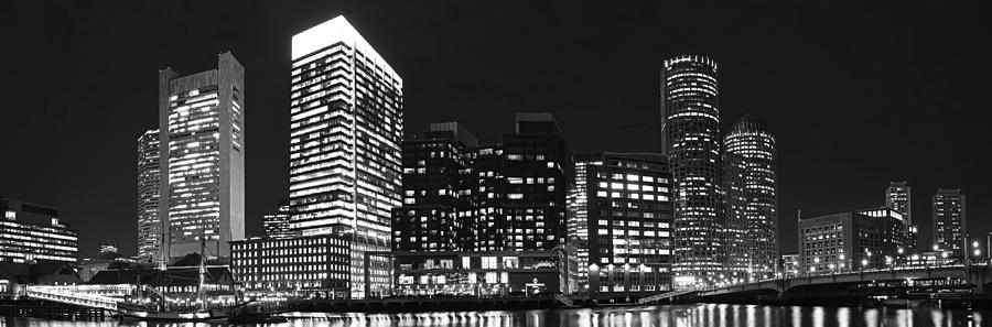 Boston Seaport Night Time Panorama Boston MA Black and White Photograph by Toby McGuire