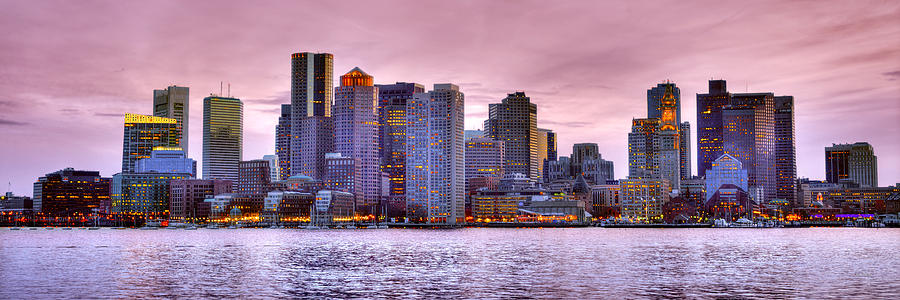 Boston Skyline Photograph - Boston Skyline at DUSK Color Panorama Pano by Jon Holiday
