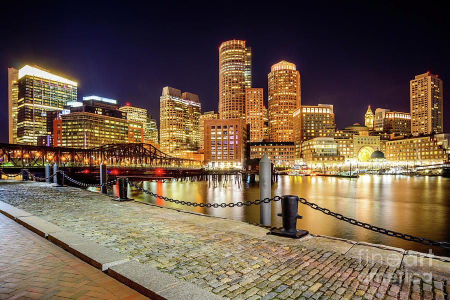 Boston Skyline at Night and Harborwalk Picture Photograph by Paul Velgos