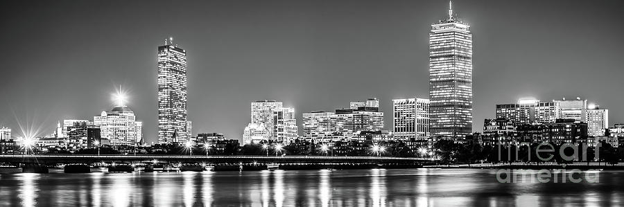 Boston Skyline at Night Black and White Panorama Picture Photograph by Paul Velgos