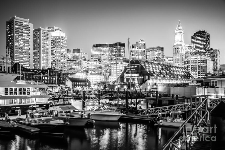 Boston Skyline at Night Black and White Photo Photograph by Paul Velgos