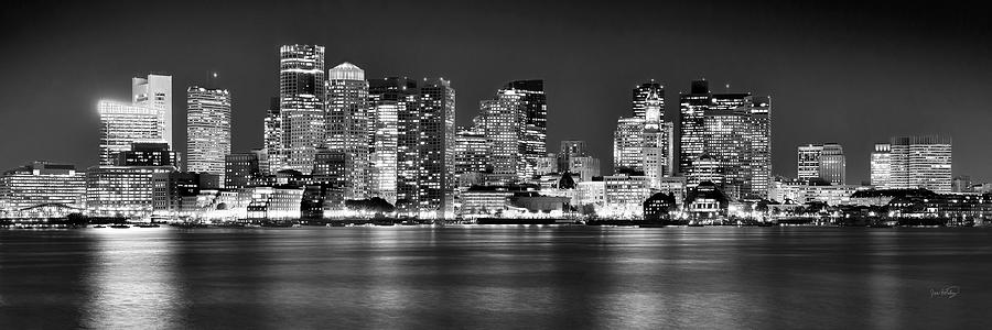 Boston Skyline at NIGHT Panorama Black and White Photograph by Jon Holiday