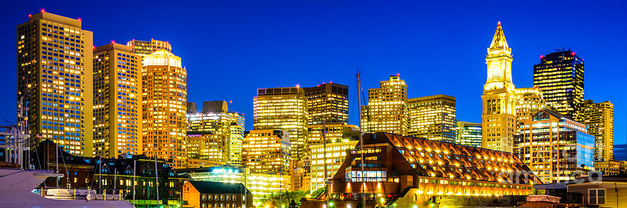 Boston Skyline At Night Panorama Photograph