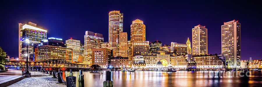 Boston Skyline at Night Panorama Picture Photograph by Paul Velgos