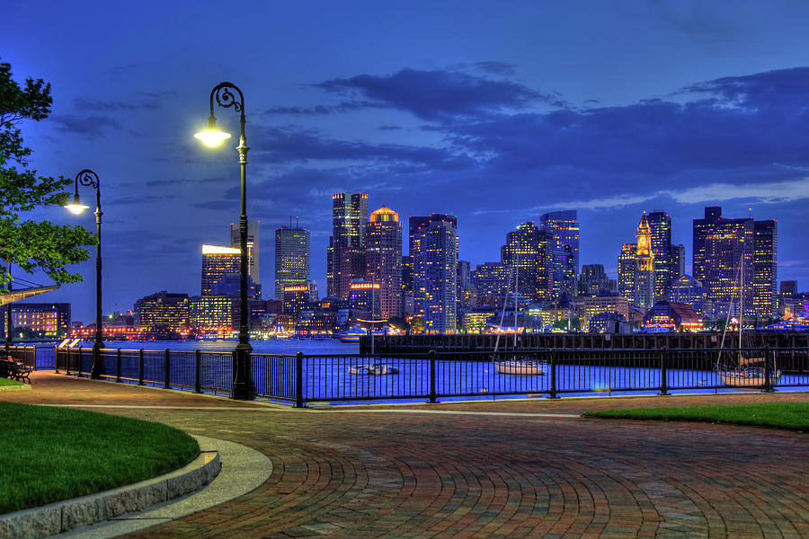 Boston Skyline at Night - Piers Park Photograph by Joann Vitali