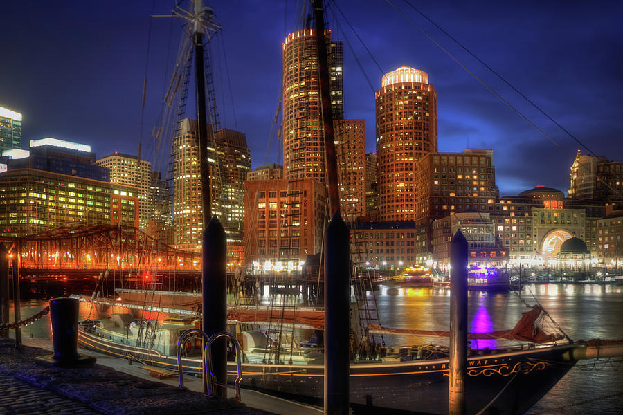 Boston Skyline at Night - The Roseway - Boston Harbor Photograph by Joann Vitali