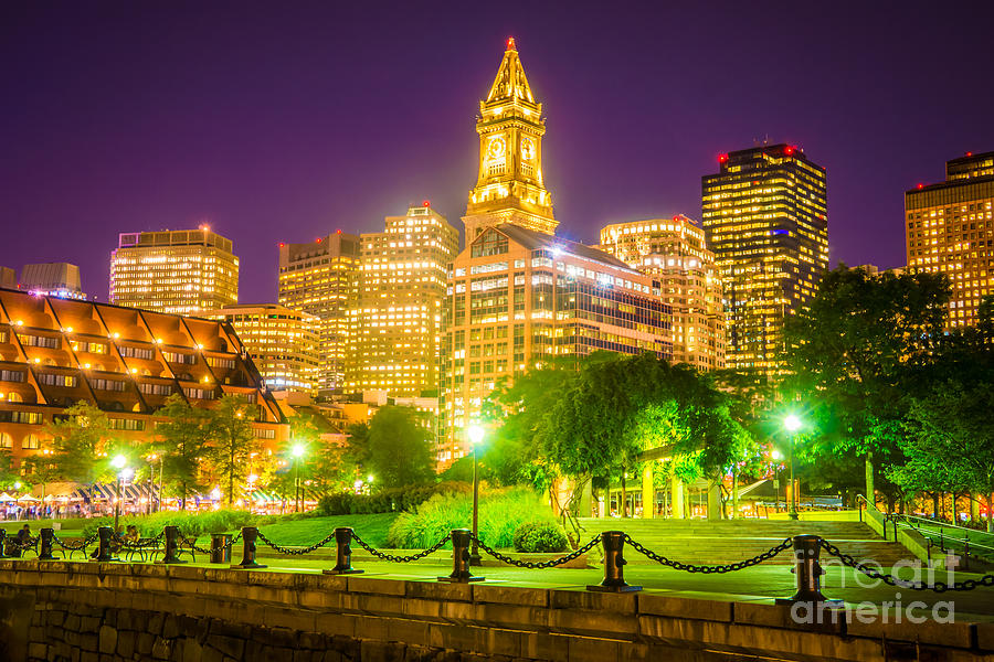 Boston Photograph - Boston Skyline at Night with Christopher Columbus Park by Paul Velgos