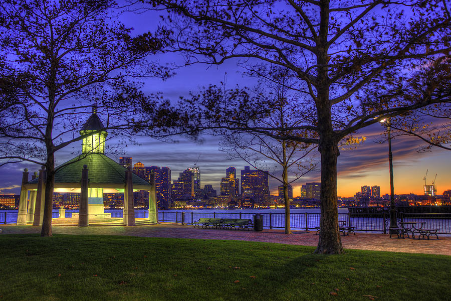 Boston Photograph - Boston Skyline at Night with Gazebo by Joann Vitali