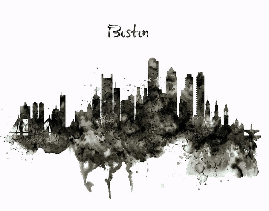 Boston Skyline Black and White Painting by Marian Voicu