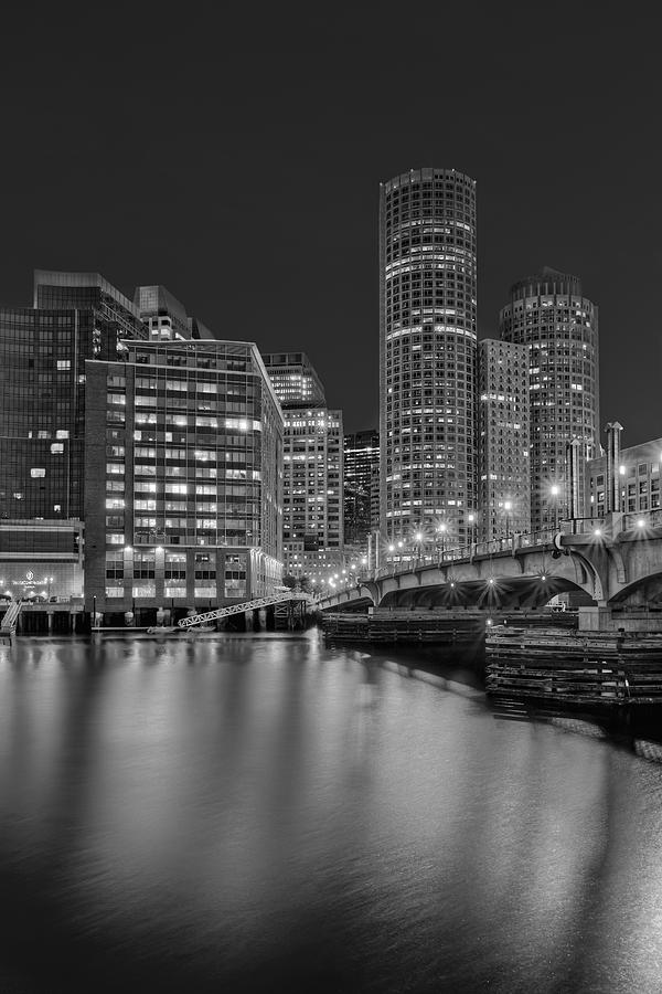 Boston Photograph - Boston Skyline Blue Hour BW by Susan Candelario