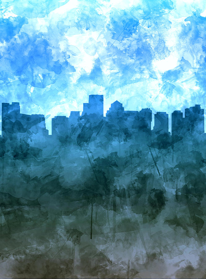 Boston Skyline Blue Watercolor 2 Painting by Bekim M