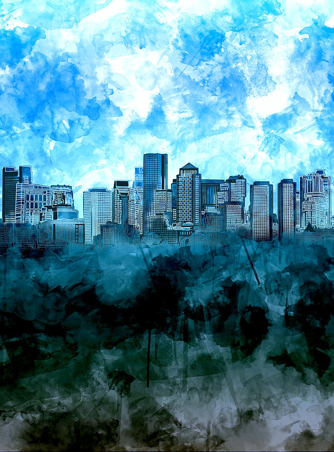 Boston Skyline Blue Watercolor Painting by Bekim M