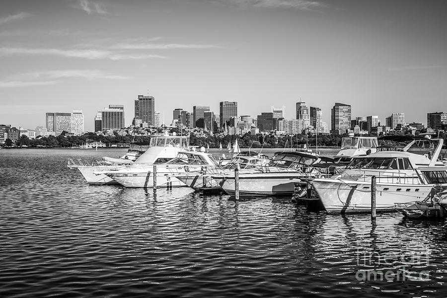 Boston Skyline Boats Black and White Photo Photograph by Paul Velgos