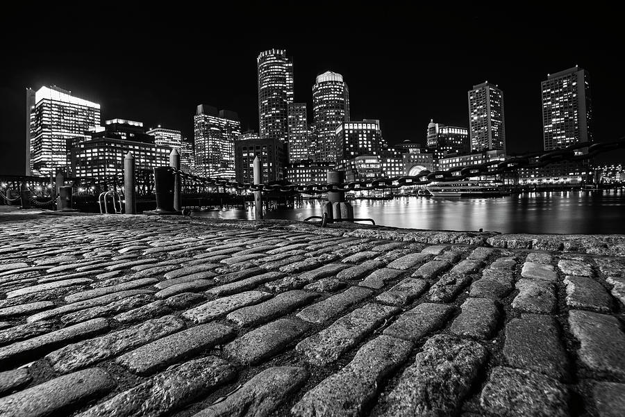 Boston Skyline Brick Walkway Detail Boston MA Black and White Photograph by Toby McGuire