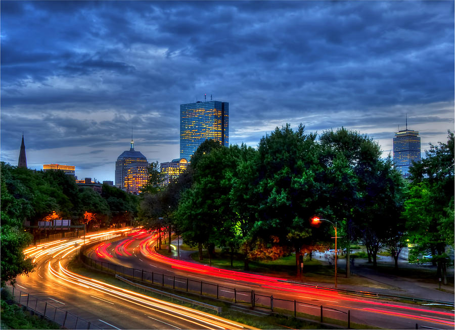 Boston Skyline from Storrow Drive at Night Photograph by Joann Vitali
