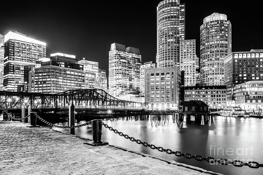 Boston Skyline Harbor at Night Black and White Photo Photograph by Paul Velgos