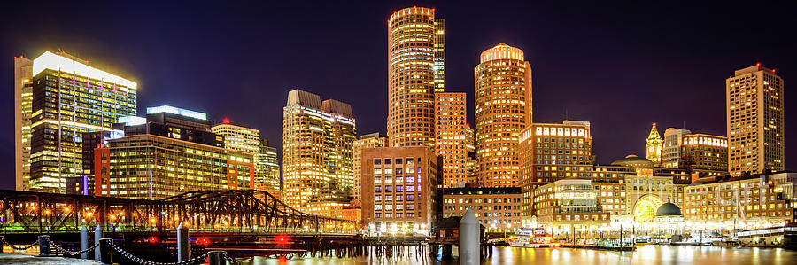 Boston Skyline Harbor at Night Panoramic Picture Photograph by Paul Velgos