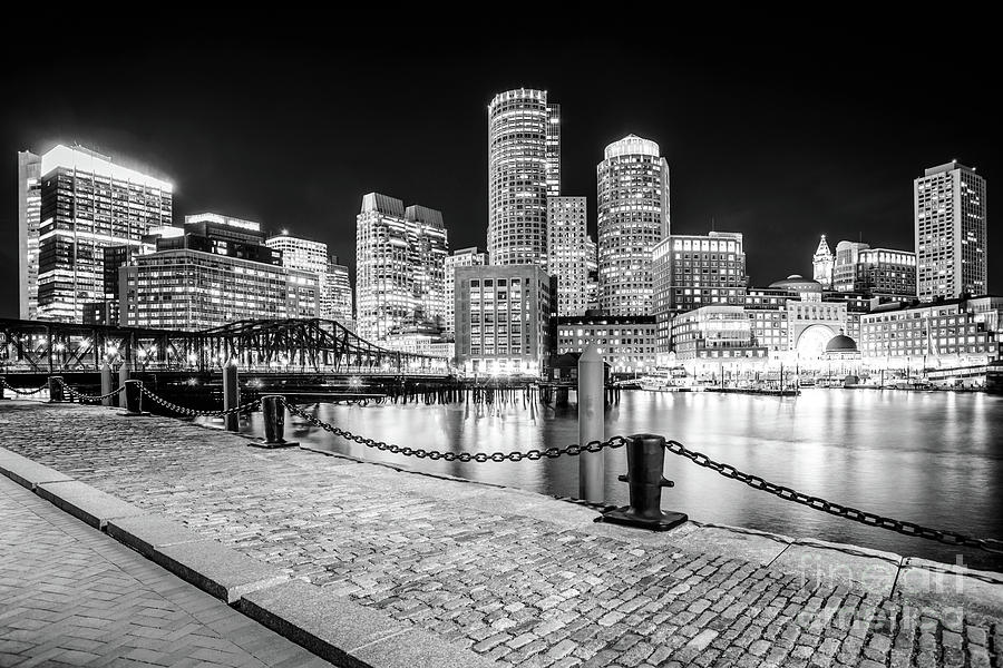 Boston Skyline Harbor Black and White Photo Photograph by Paul Velgos