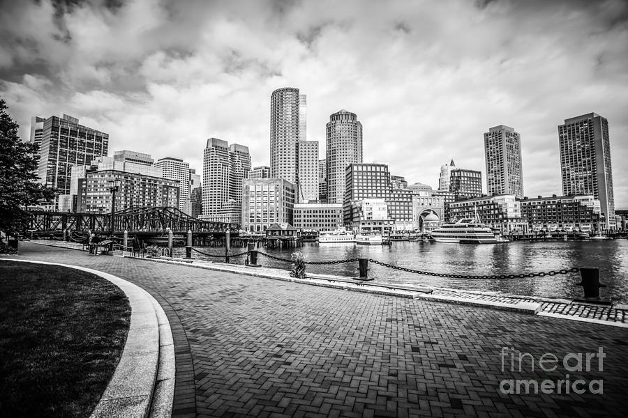 Boston Skyline Harborwalk Black and White Picture Photograph by Paul Velgos